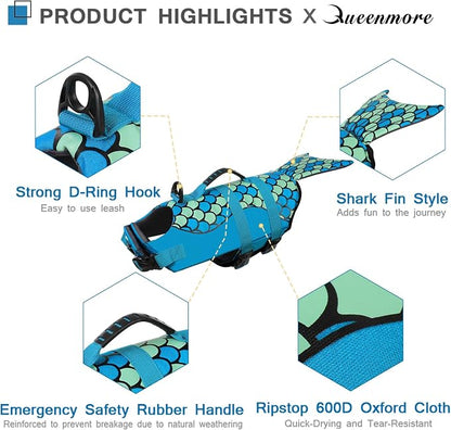 Mermaid Dog Life Jacket - Lightweight Dog Swimming Vest, High Buoyant, Blue, L