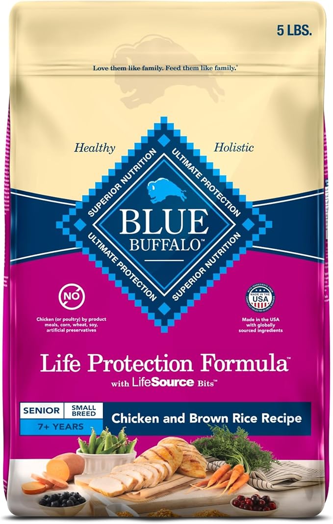 Blue Buffalo Life Protection Formula Small Breed Senior Dry Dog Food, Supports Joint Health and Immunity, Made with Natural Ingredients, Chicken & Brown Rice Recipe, 5-lb Bag