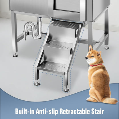 38"" Pet Dog Bathing Station W/Ramp, Professional Stainless Steel Dog Grooming Tub W/Soap Box, Faucet,Rich Accessory, Dog Bathtub for Large,Medium,Small Pets, Washing Sink for Home,R-RAMP