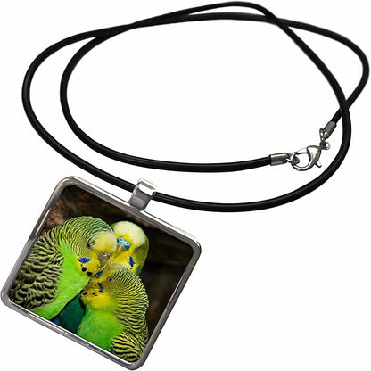 3dRose Three Kissing Budgie Budgerigar Birds Necklace With Rectangle Pendant