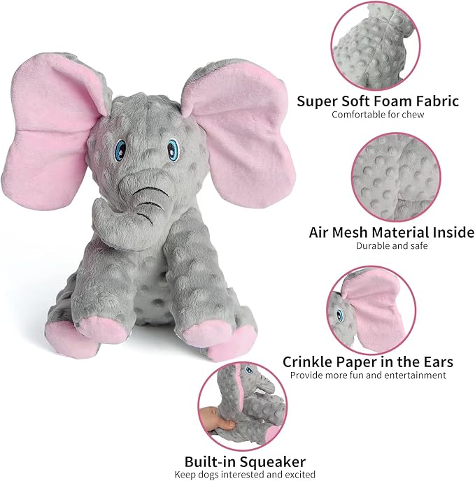 DODODOLA Dog Toys Puppy Toys Cute Squeaky Elephant Dog Toy with Crinkle Paper Stuffed Plush Animal to Keep Them Busy for Small Medium Large Dogs
