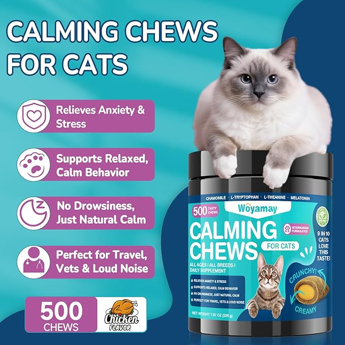 Cat Calming Treats, 500 Crunchy & Creamy Calming Chews for Cats, Natural Calming Cat Treats to Manage Stress & Anxiety, Tasty Calm Chews Supplement, Chicken Flavor