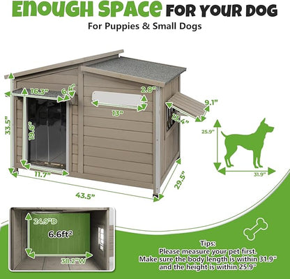 Large Outdoor Wooden Dog House, Weatherproof Dog Houses with Adjustable Vent Windows, Alloy Chew-Resistant Frame, Removable Floor for Medium & Large Dogs, (43.5" L x 29.5" W x 33.5" H)