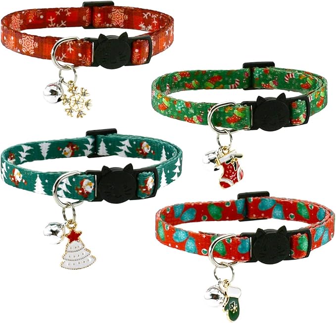 Christmas Cat Collar Set - Xmas Cat Adjustable Breakaway Collars with Bells & Charms 4Pcs Per Set