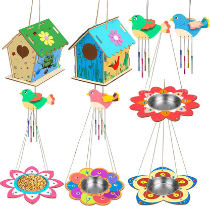 Fennoral 12 Pack Bird House Craft Kit for Kids Make You Own Bird Wind Chime Kit DIY Build and Paint Wooden Birdhouses Bird Feeder Art and Craft for Spring Yard Garden Outdoor Decoration