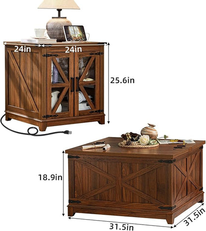 Joaxswe Farmhouse Coffee Table Set, 3 Pieces: Large End Side Tables with Charging Station and Coffee Table with Hidden Storage Compartment, Brown Wood Furniture Sets for Home Office