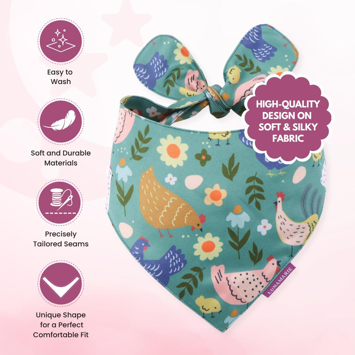 LunaMarie - Luxury Pet Birthday Bandanas -Premium & Silky Poly Fabric | 100% Handmade | Custom Shape Dual Layered (Chicken Couture, Small)