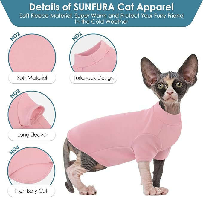 SUNFURA Turtleneck Sweater for Cat, Sphynx Cats Shirt Hairless Cat Sweaters with Sleeves, Warm and Soft Kitten Pullover Fleece Winter Pajamas Jumpsuit for Puppy Cats, Pink L