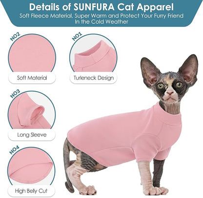 SUNFURA Turtleneck Sweater for Cat, Sphynx Cats Shirt Hairless Cat Sweaters with Sleeves, Warm and Soft Kitten Pullover Fleece Winter Pajamas Jumpsuit for Puppy Cats, Pink L