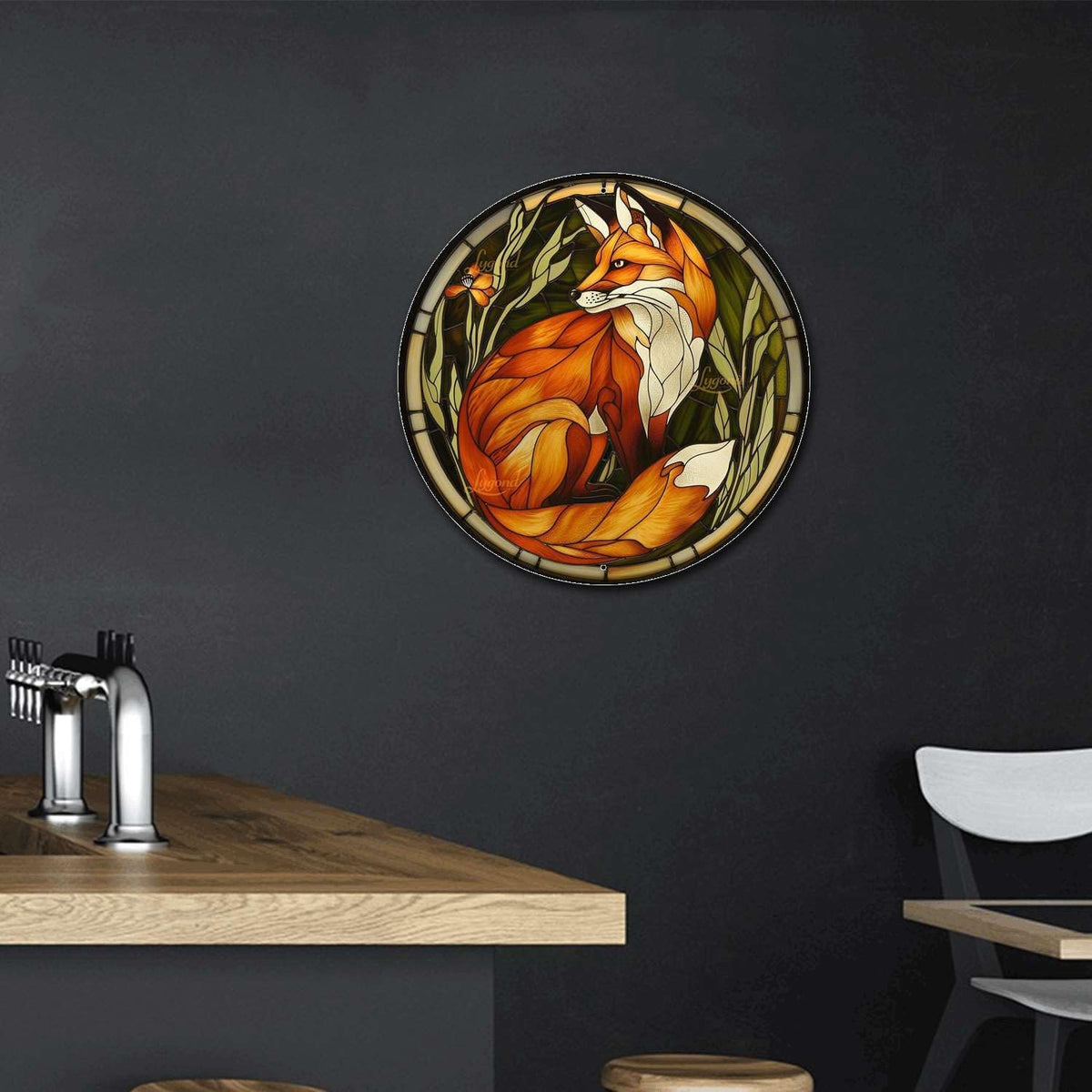 Lygond Metal Sign Tin Sign Circular Stained Glass Red Fox Wall Art for Bar 8×8 Inches
