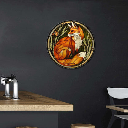 Lygond Metal Sign Tin Sign Circular Stained Glass Red Fox Wall Art for Bar 8×8 Inches