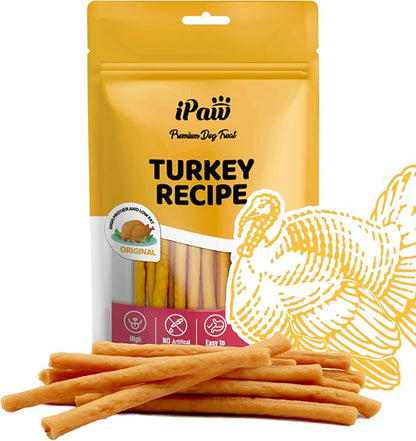 iPaw Turkey Dog Treats, All Natural Human Grade Dog Treat, Suitable for Training chew, US Sourced Raw Material, Hypoallergenic, Rawhide Alternative, Thin Stick (Original)
