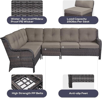 Belord Outdoor Furniture Sectional Sofa L Shaped Couch - Patio Wicker Set with 2 Swivel Glider Chairs, 8 Piece Rattan Patio Conversation Sets with Gray Cushion for Deck Backyard Sunroom Grey Cushion