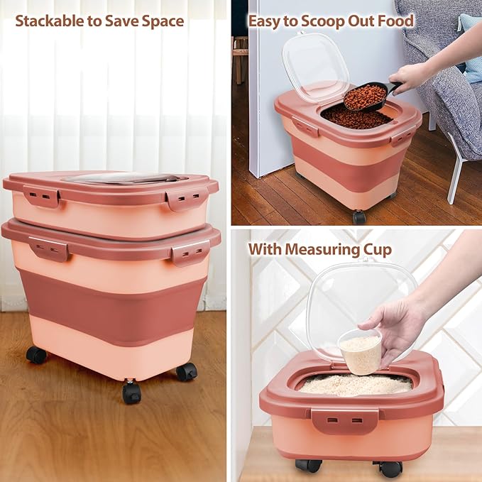 Dog Food Storage Container, 5-20Lbs Collapsible Pet Food Storage Containers with Rolling Wheel Airtight Locking Lid, Dry Food Storage Bin with Cup and Scoop,Suitable for Pet Food, Rice, Flour