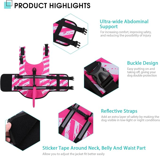 Dog Life Jacket High Flotation, Reflective Dog Life Vest for Swimming, Adjustable Dogs Life Preserver Rescue Handle Spring Summer Pool for Small, Medium, Large Dogs (Pinkwhite,M)