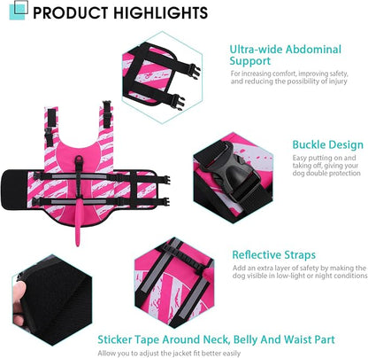 Dog Life Jacket High Flotation, Reflective Dog Life Vest for Swimming, Adjustable Dogs Life Preserver Rescue Handle Spring Summer Pool for Small, Medium, Large Dogs (Pinkwhite,M)
