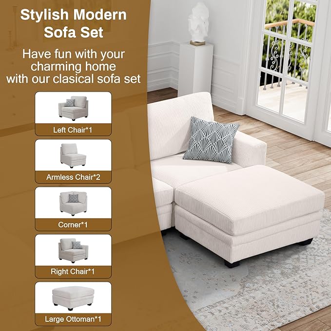 Legend Vansen Oversized Modular Sectional Sofa,6 Seat U Shaped Couch with Ottoman,Corduroy Sofa with Deep Seat,Convertible Large Sectional Couches for Living Room(Cream, L-6)