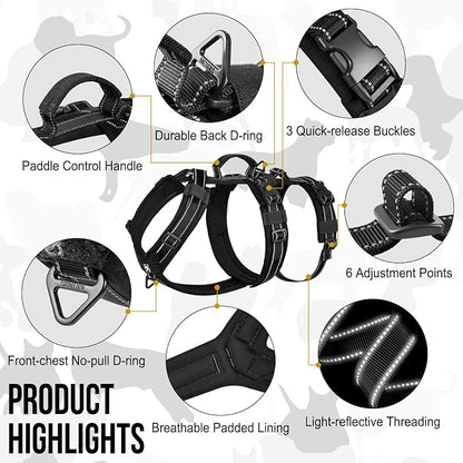 OneTigris Dog Harness No Pull, Adjustable Tactical Harness with Soft Padding, Y-Shaped Reflective Easy Walk Dog Harness for Medium and Large Dogs