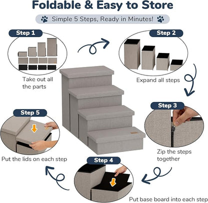 4-Step Wide Dog Stairs with Storage 23" H, Non-Slip Sturdy Pet Steps for High Bed Couch Window, Pet Stairs for Small/Medium/Large Old Dogs Cats Up to 220lbs, Cat Dog Steps for Car, Light Grey