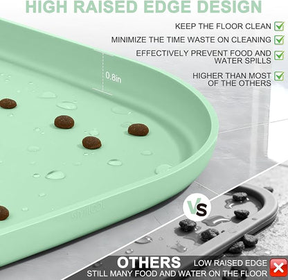 SMILOOL Waterproof Silicone Pet Food Mat with Raised Edge for Dog & Cat | 24" x 16" Non-Slip Pet Feeding Mats with Lip for Food & Water Bowl, Food Grade, Easy Cleaning, Mint Green