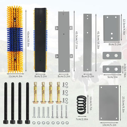 Livestock Scratch Brush With Spring Iron Holder，Animal Back Scratching Brush Including 4pcs goat brushes, 4 stands and accessories For Cow,Cattle,Sheep, Horses,Pigs，Massage Grooming Tool（Yellow）