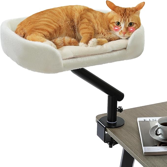 PAWZ Road Cat Desk Bed for Indoor Cats, Cat Bed for Desk Supports Up to 50 lbs, 360° Rotation & Adjustable, Nest Desktop Attachment Cats Hammock for Table, White