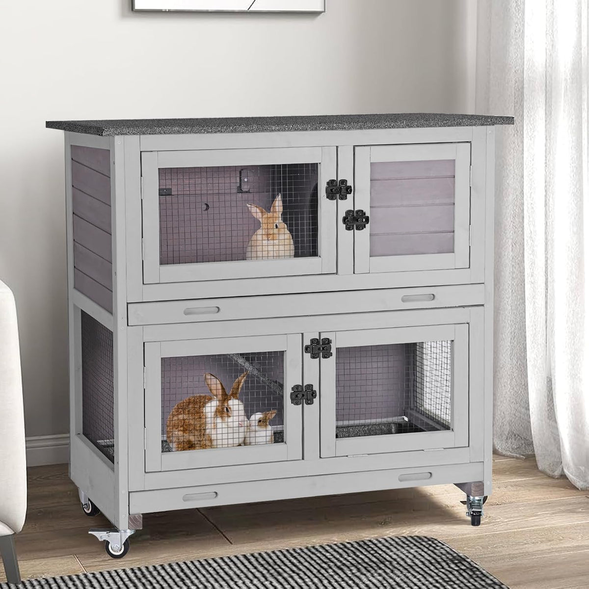 GUTINNEEN Rabbit Hutch Indoor with Chew-Proof Design, Wooden Bunny Cage Outdoor Guinea Pig Cages with Wheels, Leak-Proof Trays for Rabbits, Guinea Pigs, Small Animals