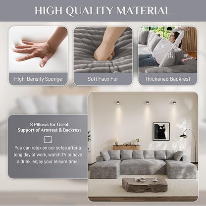 Modular Sectional Sofa, 130" U Shaped Cloud Couch Plush Corduroy Deep Seat Boneless Sofas with 8 Pillows Double Chaise Lounge Sectional Couches with Memory Foam for Living Room - Light Grey