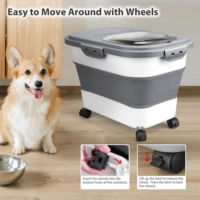 Dog Food Storage Container, 5-20Lbs Collapsible Pet Food Storage Containers with Rolling Wheel Airtight Locking Lid, Dry Food Storage Bin with Cup and Scoop,Suitable for Pet Food, Rice, Flour
