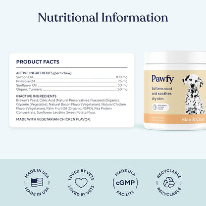 Pawfy Skin & Coat with Salmon Oil - Dog Allergy Relief Chews | Advanced Licking Paws Comfort | Dog Itching Skin Relief & Seasonal Allergies Support - Immune Support & Coat Defense | 30 Chews (Chicken)