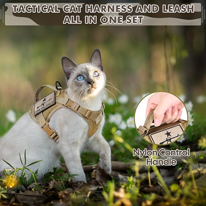 Tactical Cat Harness and Leash, Escape Proof Large Cat Walking Vest,Adjustable Soft Mesh Pet Vest Harness with Control Handle, Molle Patches Khaki