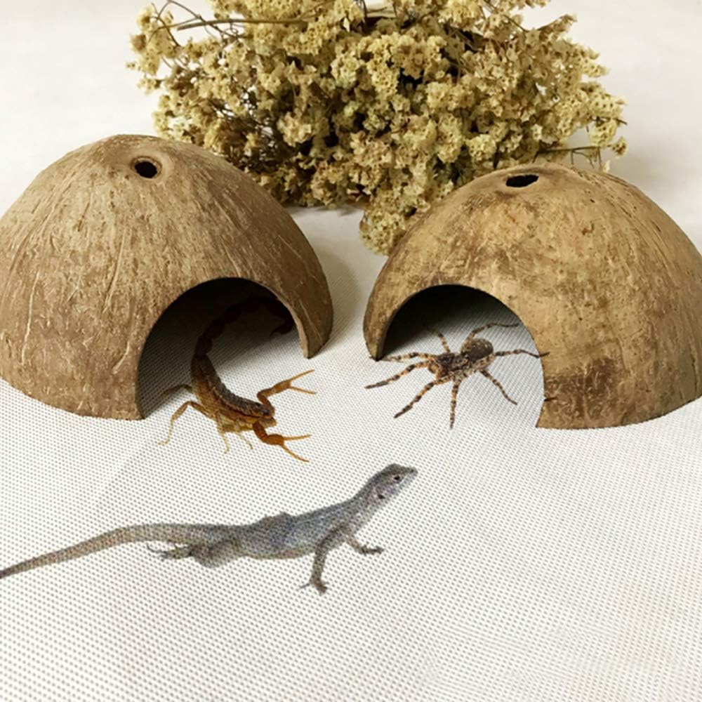 PINVNBY 2 PCS Natural Coconut Reptile Hideouts Lizard Coco Hut Hermit Crab Hut Aquarium Fish Hide Cave Spider Snail Climber Toys