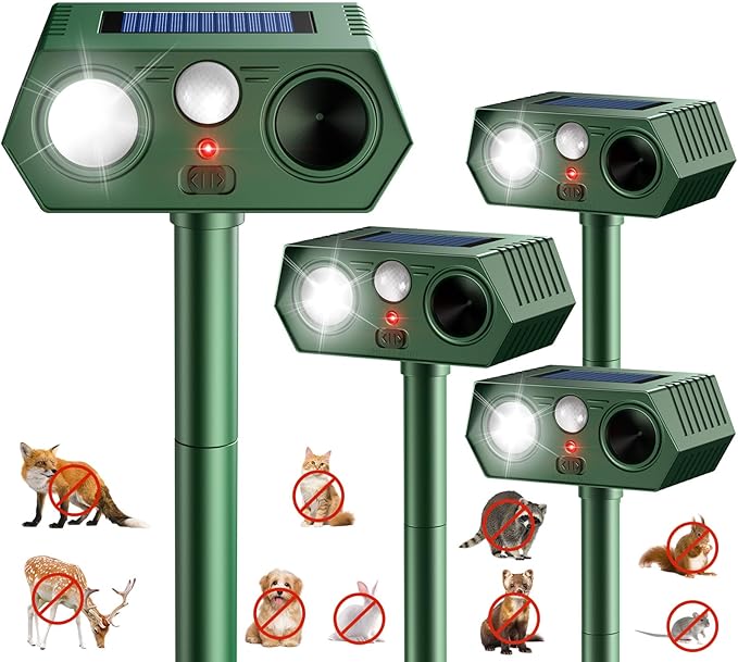 2026 Upgraded Solar Ultrasonic Animal Repeller Outdoor, Waterproof Motion Activated Repellent with Flash Light for Deer Cat Squirrel Raccoon Rabbit Dog Garden Yard (4-Pack)