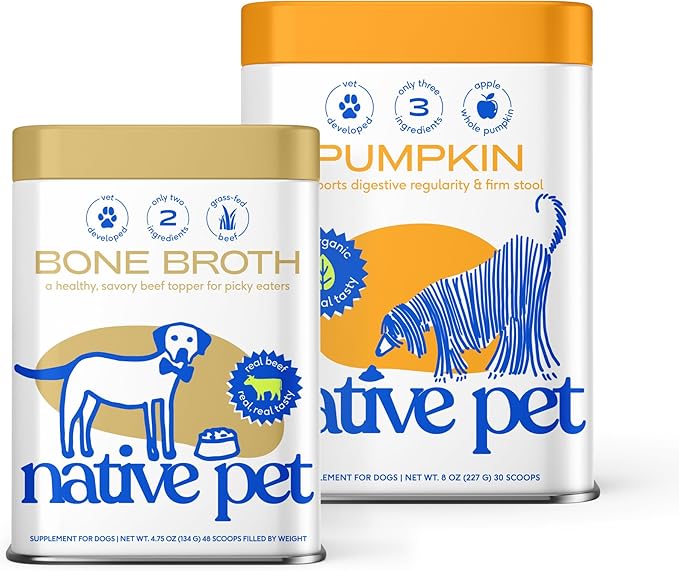 Native Pet Beef Bone Broth for Dogs (4.75 oz) & Organic Pumpkin for Dogs (8 oz.) - Dog Bone Broth Powder Food Topper for Picky Eater and All-Natural, Organic Fiber Pumpkin Powder