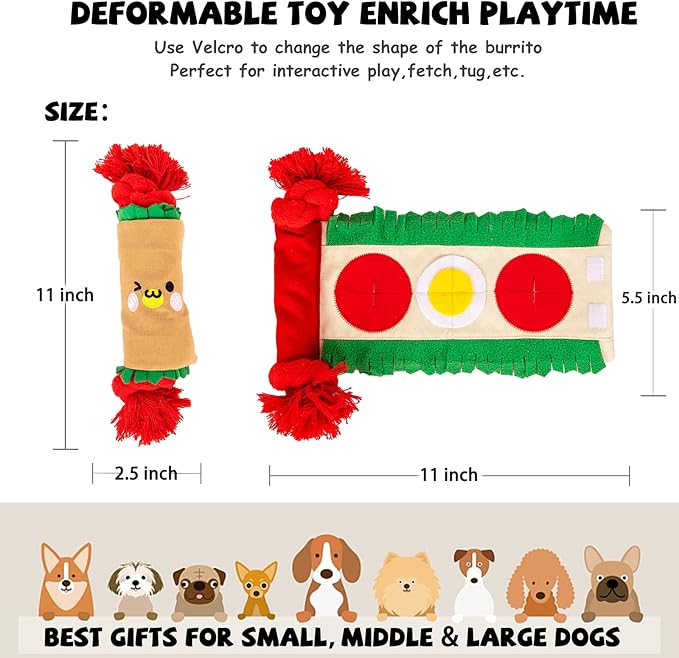 Dog Puzzle Snuffle Mat Toys, Squeaky Enrichment Rope Crinkle Treat Dispensing Tug Toy for Small Medium Large Dog, Boredom and Mental Stimulation Toy, Burrito