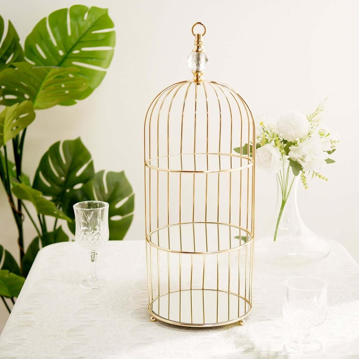 Efavormart 22" - 3 Tier Crystal Mirror Top Gold Metal Bird Cage Cupcake Cake Stand, Dessert Display for Wedding, Party, Birthday, Baby Shower Celebrations, Home Decorations