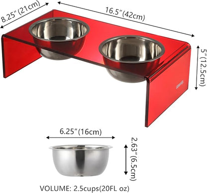 DBL2000H Keaton 5" Small/Medium Modern Acrylic Rectangular Elevated Pet Feeder with 20oz 2-Stainless Steel Bowls, Red/Chrome