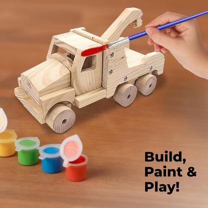 Kraftic Woodworking Building Kit for Kids and Adults, with 3 Educational DIY Carpentry Construction Wood Model Kit Toy Projects for Boys and Girls - Tow Truck, Birdhouse and Dump Truck