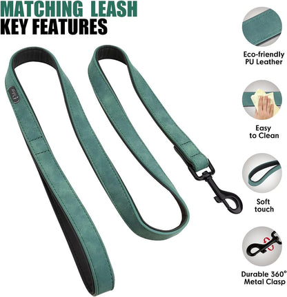 Didog Soft Padded Leather Dog Collar and Leash Set, Adjustable Dog Lead and Collar Set with Metal Buckle, Breathable Pet Collars with 4FT PU Leather Leash for Small Medium Dogs, Green, M