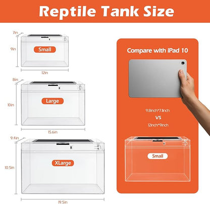 AZV Reptile Terrarium Starter Kit,8 Piece Small Reptile Tank with Escape-Proof Locks,Mesh Top,Multi-Vent Compatible Habitat,Durable Clear PC,Easy-Clean Waterproof Base for Geckos,Frogs,Spiders XLarge