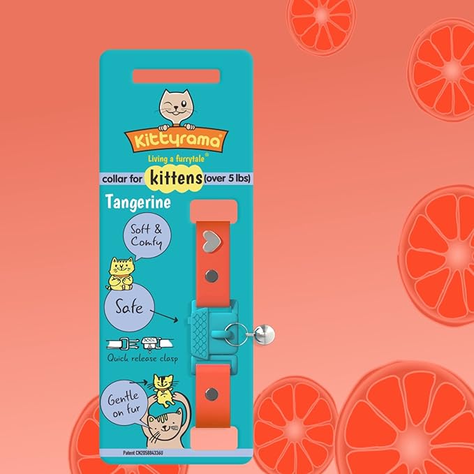 Kittyrama Tangerine Kitten Collar with Bell. Breakaway Cat Collar. Won't Rub Fur. Lightweight, Soft & Comfy
