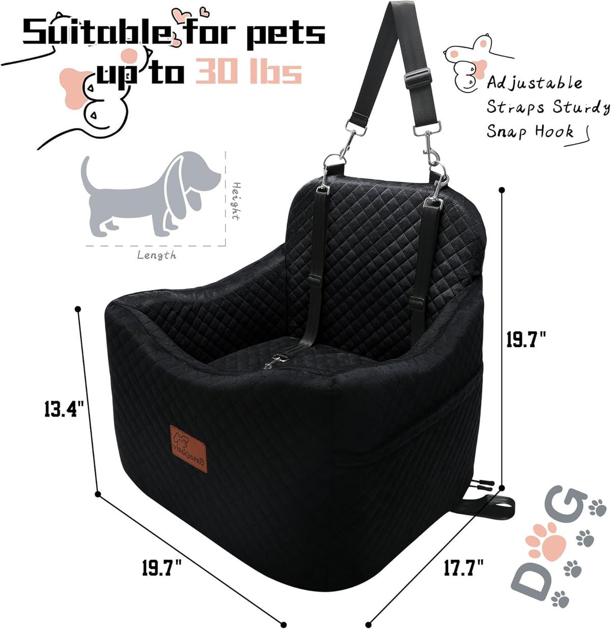 Dog Car Seats-Memory Sponge and Velvet Pet Booster Car Seat,Safety and Comfy,Ride Height 6" Elevated Enough to See Out The Window,Both Front and Back Seats Apply,Esay to Install and Clean.(H-Black)