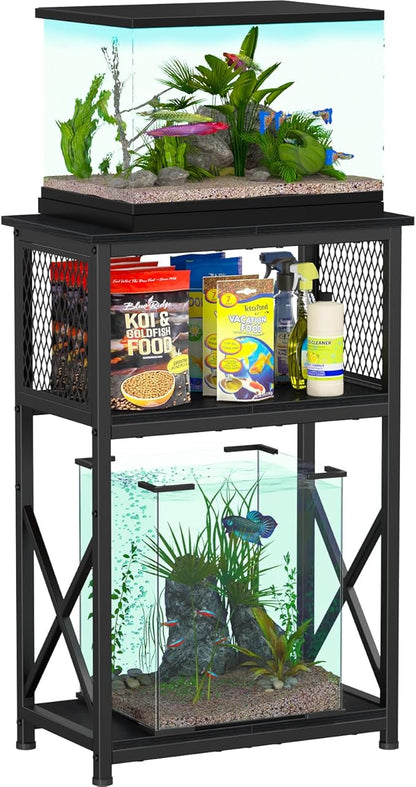 Snughome 10 Gallon Aquarium Stand with Storage, 3 Tier Heavy Metal Fish Tank Stand Shelf 20.47" x 11.42" x 30.91", Black
