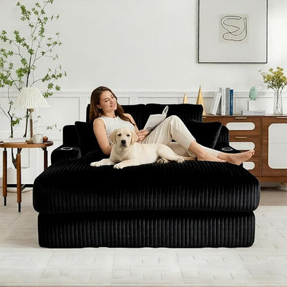 Asukale 60" Oversized Chaise Lounge Chair Indoor, Boneless Cloud Chair Bed with 4 Pillows & Armrests, No Assembly Corduroy Upholstered Sofa for Living Room, Bedroom, Apartment(Black)