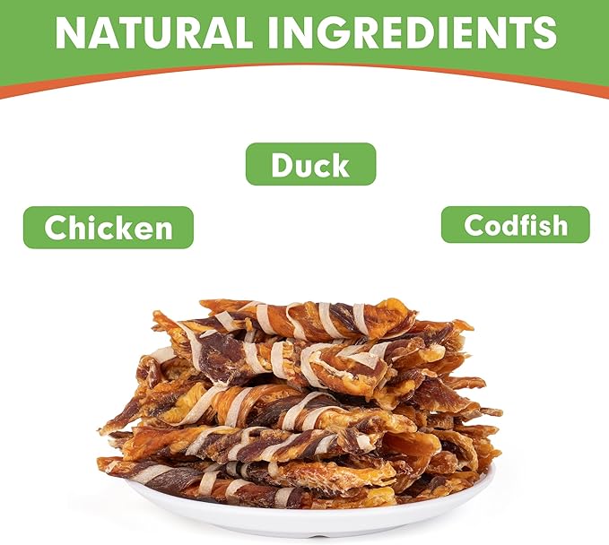 MON2SUN Dog Treats, Triple Flavor Jerky Twist Sticks, 4.5-5 Inch Chicken Duck and Codfish Sticks Chews for Small Dogs, Healthy Snacks, 10.58 oz (30 Count-Pack of 1)