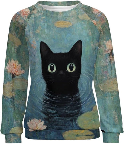 Long Sleeve Shirts for Women Cat Oil Painting Shirt 3D Graphic Sweatshirts Fall Pullover Crewneck Vintage Boho Tops