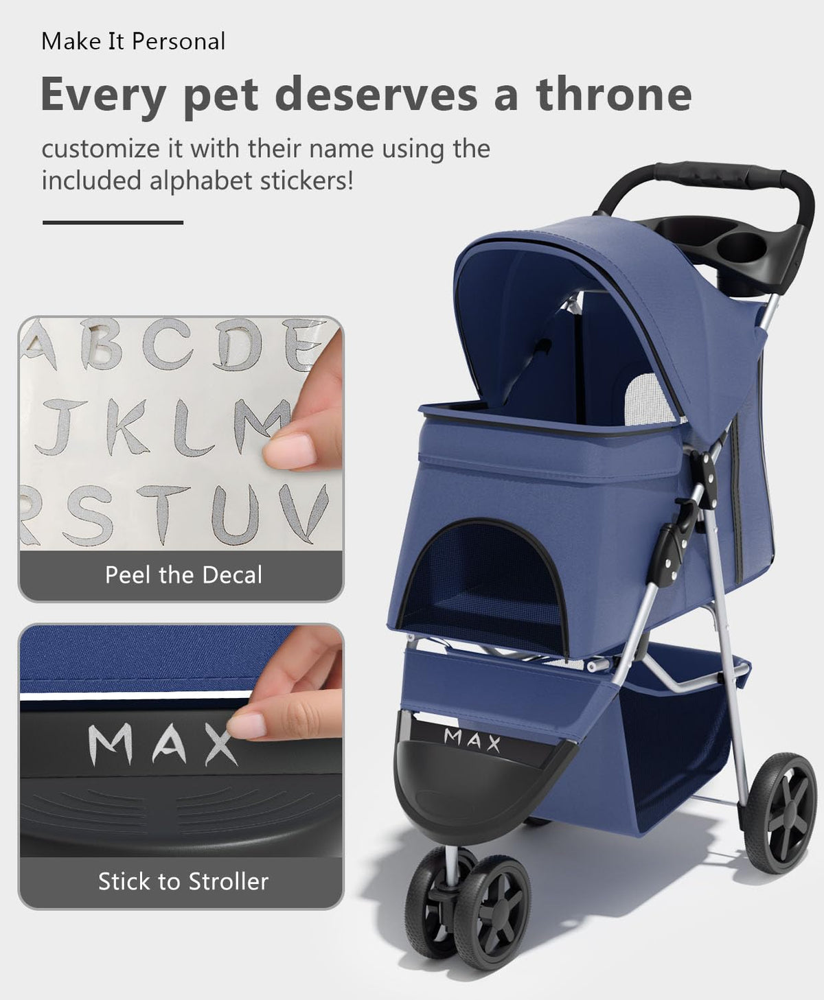 Pet Stroller with 3 Wheels for Small/Medium Pets, Portable Travel Foldable Carrier Jogger for Dog Cat Puppy Kitty, Rear Wheel Breaks, Storage Basket, Visible Mesh Weather Cover (Navy Blue)