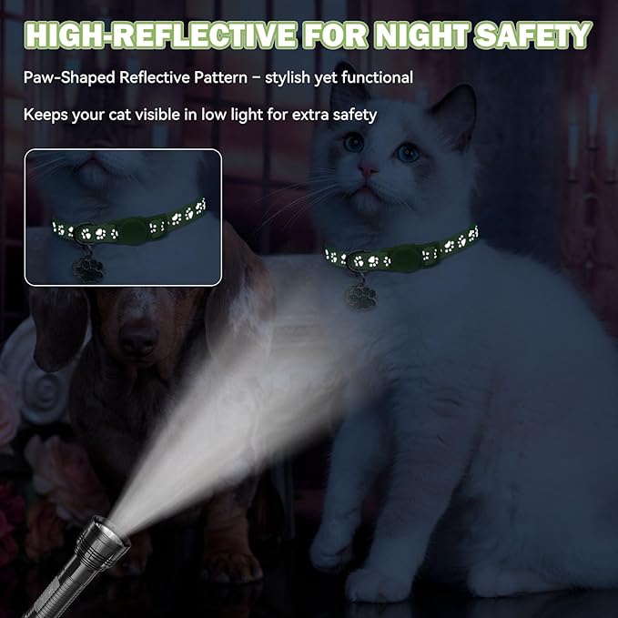 4PCS Breakaway Cat Collars,Reflective Cat Collar with Bells,Kitten Collars for Boy&Girl Cats Breakaway Collar for Cats with Paw Pendant 6-9 Inch(Black+Blue+Green+Grey)