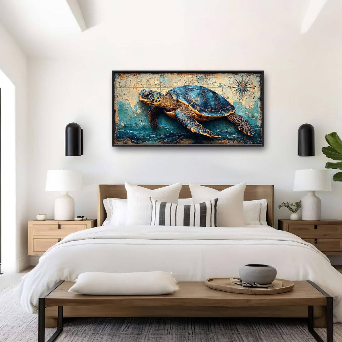 Large Nautical Turtle Wall Art for Living Room, Coastal Ocean Canvas Oversized Wall Decor, Beach Aesthetics Framed Pictures Painting Print Artwork for Bedroom Office 60L" x 30W"