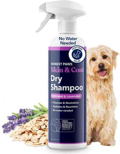 Honest Paws Dog Dry Shampoo - Waterless No Rinse Spray Formula Reducing Itch Cleanse Hydrate Nourish Dry Skin and Smelly Coat Help Decrease Odor Shedding and Allergies - Oatmeal & Lavender - 16 oz